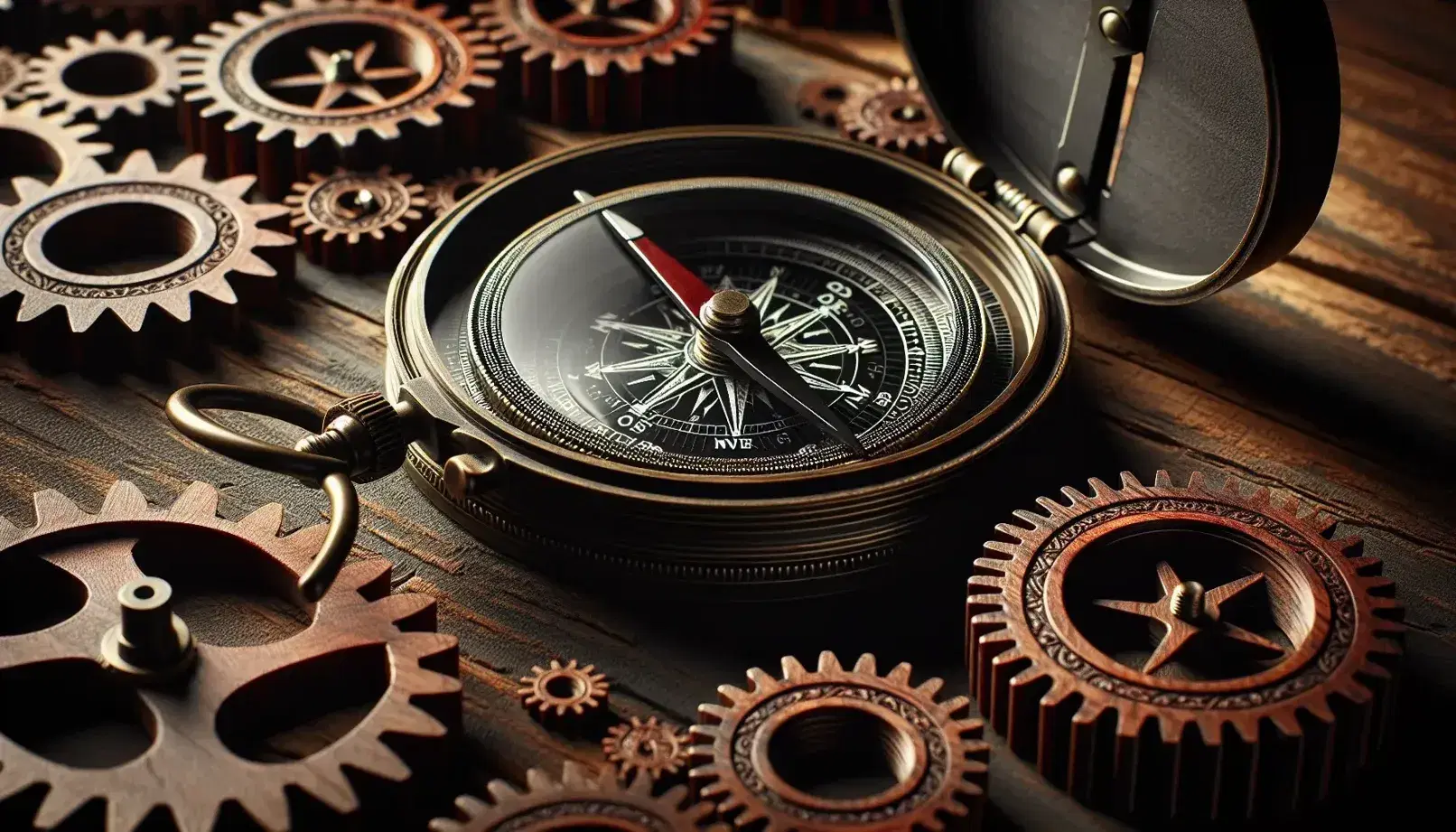 Antique brass compass with open lid and red-tipped needle on dark wooden surface, surrounded by polished mahogany gears.