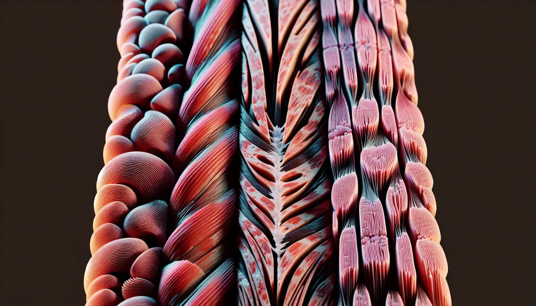 Fibre muscolari in dettaglio: striature rosate del muscolo scheletrico a sinistra, cardiaco con dischi intercalati al centro e liscio uniforme a destra.
