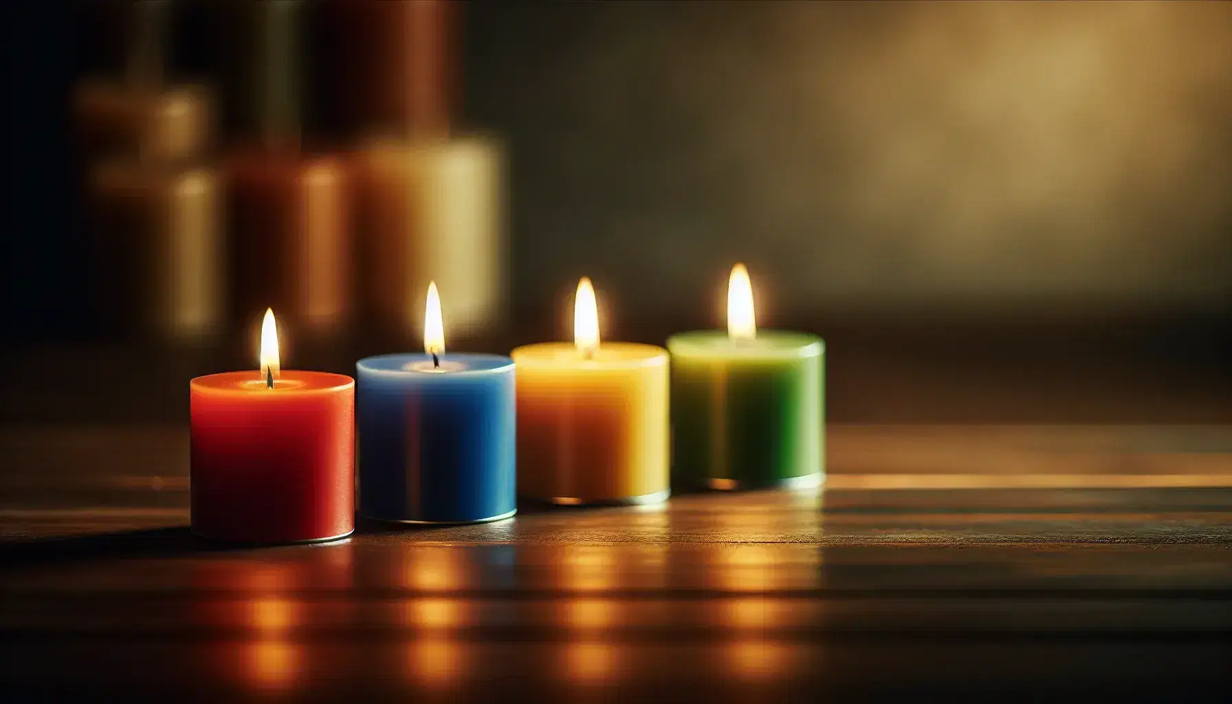 Cuatro velas encendidas en línea sobre superficie de madera oscura, con colores rojo, azul, amarillo y verde, creando un ambiente cálido y sereno.