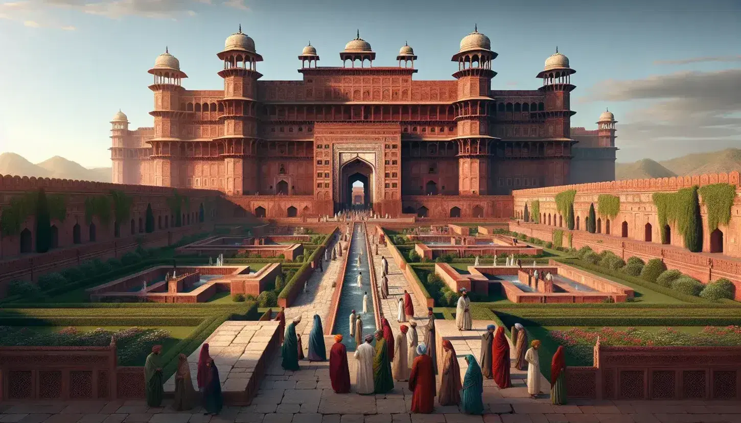 Majestic Mughal-era red sandstone fort with intricate gateway, domed towers, and lush gardens, bustling with people in traditional attire.