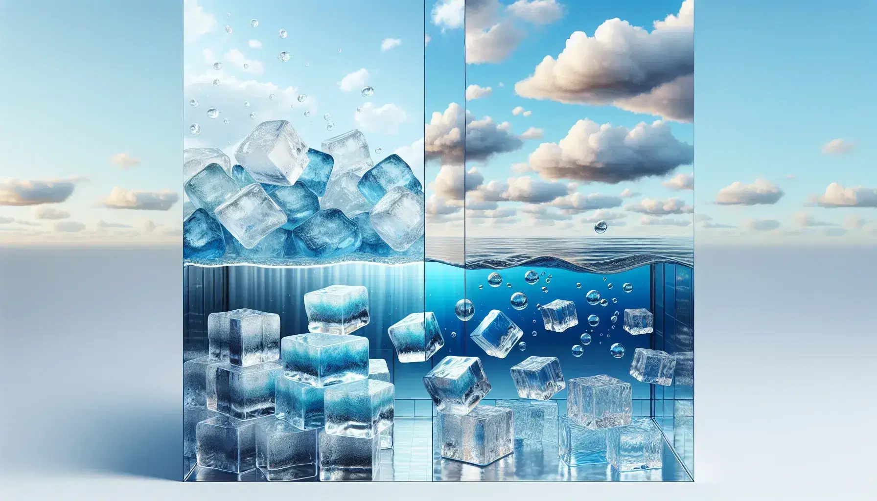 Cubi di ghiaccio traslucidi, superficie acquatica cristallina con riflessi e cielo azzurro con nuvole soffici rappresentano stati solidi, liquidi e gassosi.