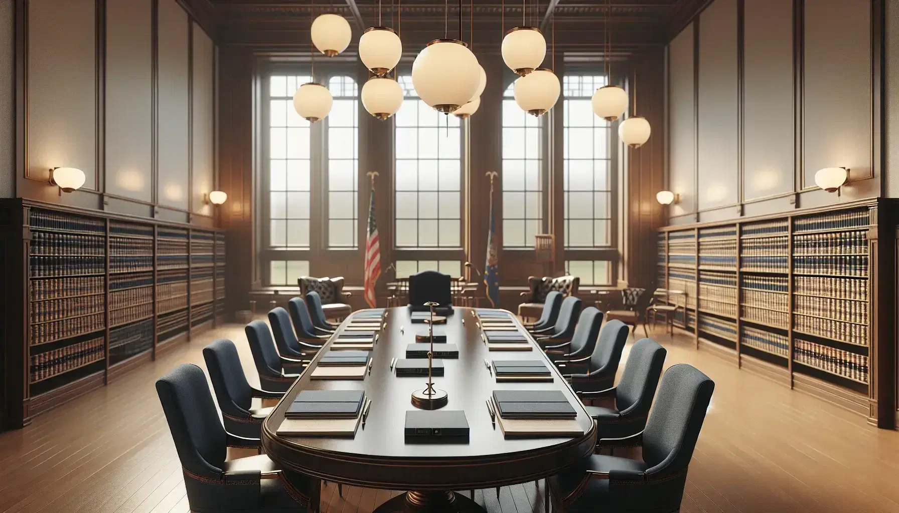 Sala de reuniones formal con mesa ovalada de madera oscura, sillas altas azules, estantería con libros y bandera monocromática, iluminada por lámparas colgantes y luz natural.