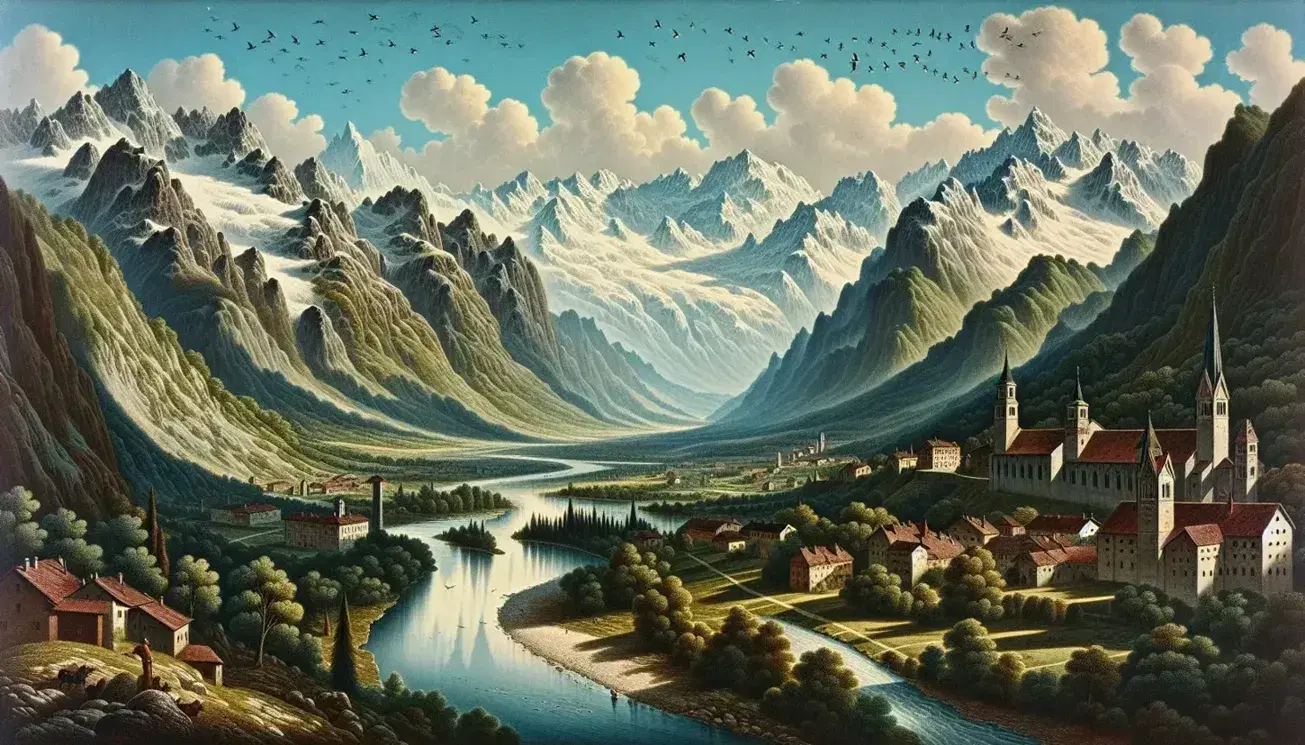 Vista panoramica delle Alpi Giulie innevate con fiume in valle, vegetazione verde e paesino con tetti rossi.