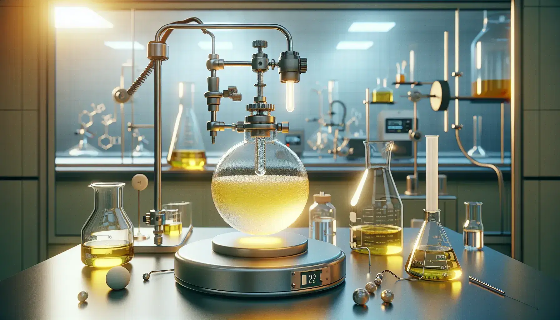 Laboratory with hydrogenation equipment: round bottom flask with yellow substance, hydrogen cylinder and magnetic stirrer.