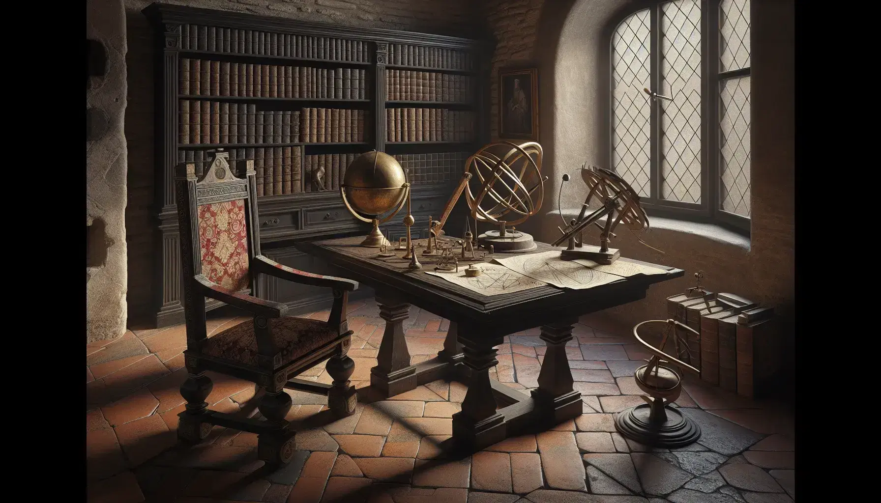 Ricostruzione storica dello studio di Galileo Galilei con tavolo antico, strumenti scientifici, libri in pelle e sedia rinascimentale.
