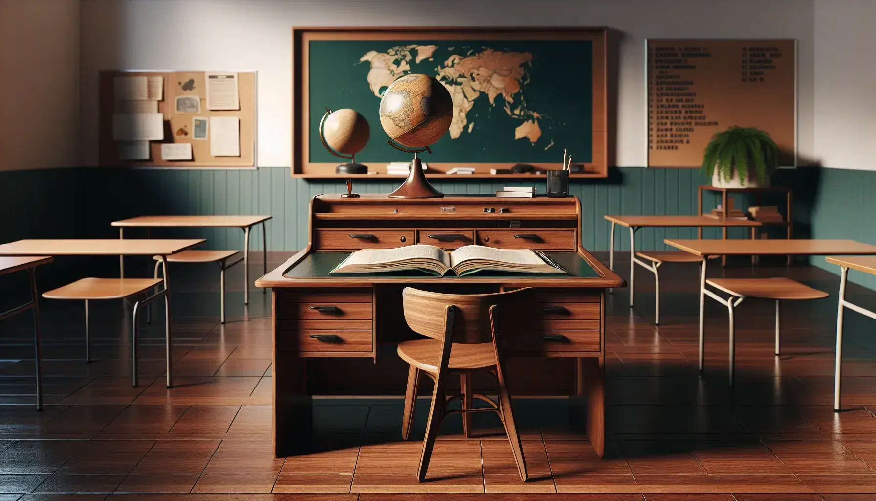 School classroom with teacher's desk, empty blackboard, world map without labels, tidy desks, shelf with books and soft lighting.