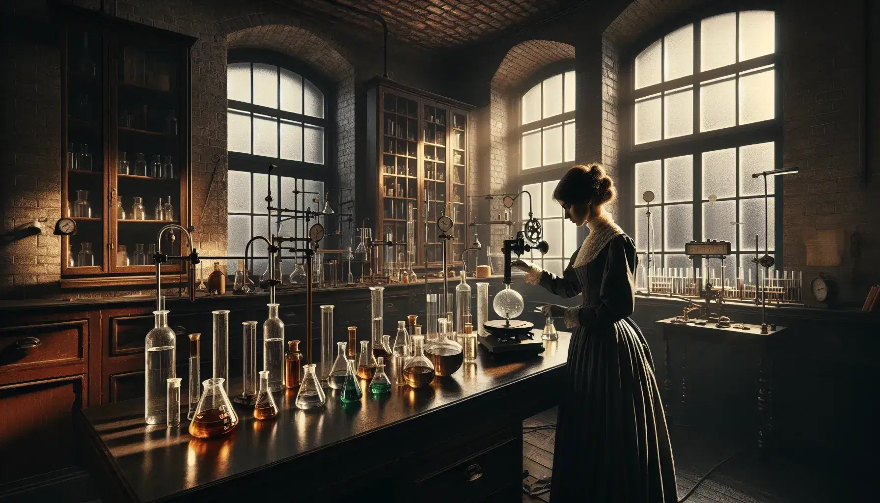 Laboratorio scientifico vintage con pareti in mattoni a vista, tavolo in legno con strumenti, donna in camice versa sostanze.