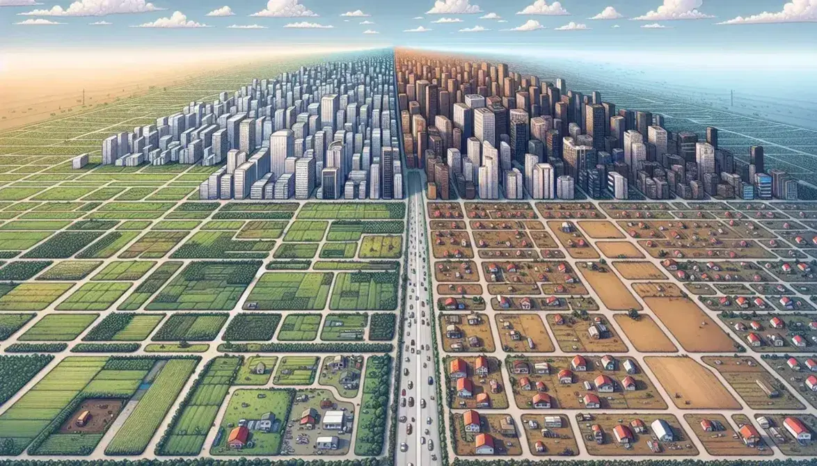 Vista aérea contrastante entre una zona urbana con edificios altos y calles organizadas y una rural con campos y casas con techos rojos.