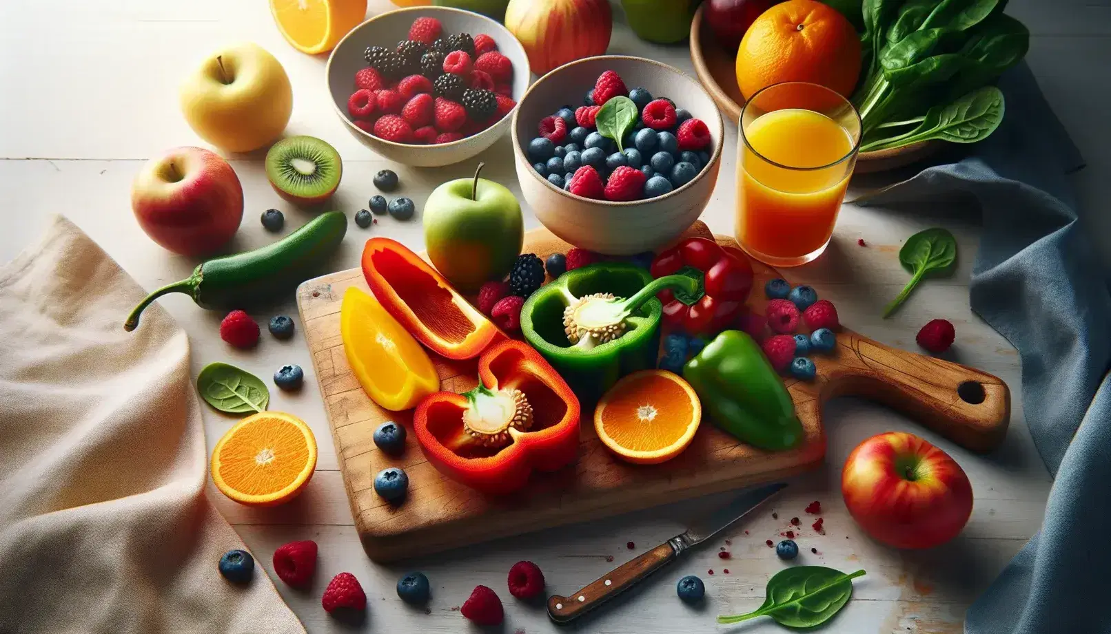 Mesa de madera con alimentos frescos, tabla con pimientos rojo, amarillo y verde cortados, espinacas, tomate rebanado, bol con frutos del bosque y vaso de zumo de naranja.