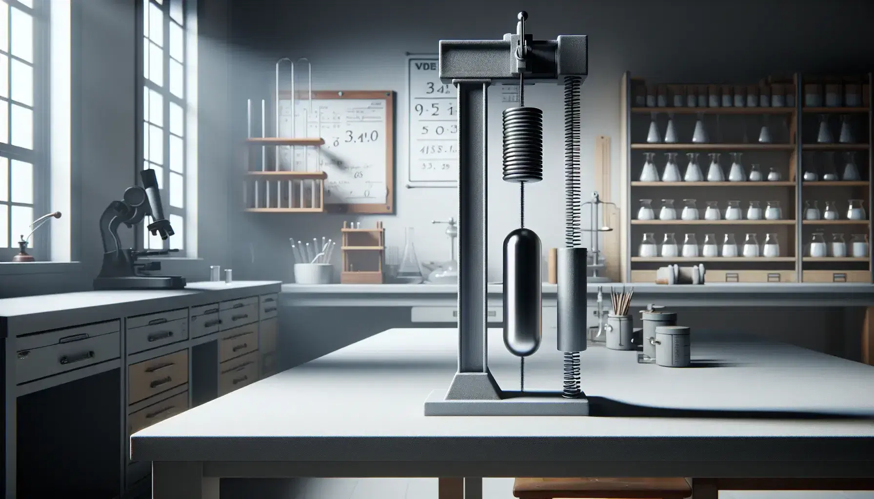 Dinamometro a molla argenteo con peso cilindrico nero sospeso in laboratorio fisico, banco illuminato da luce naturale.