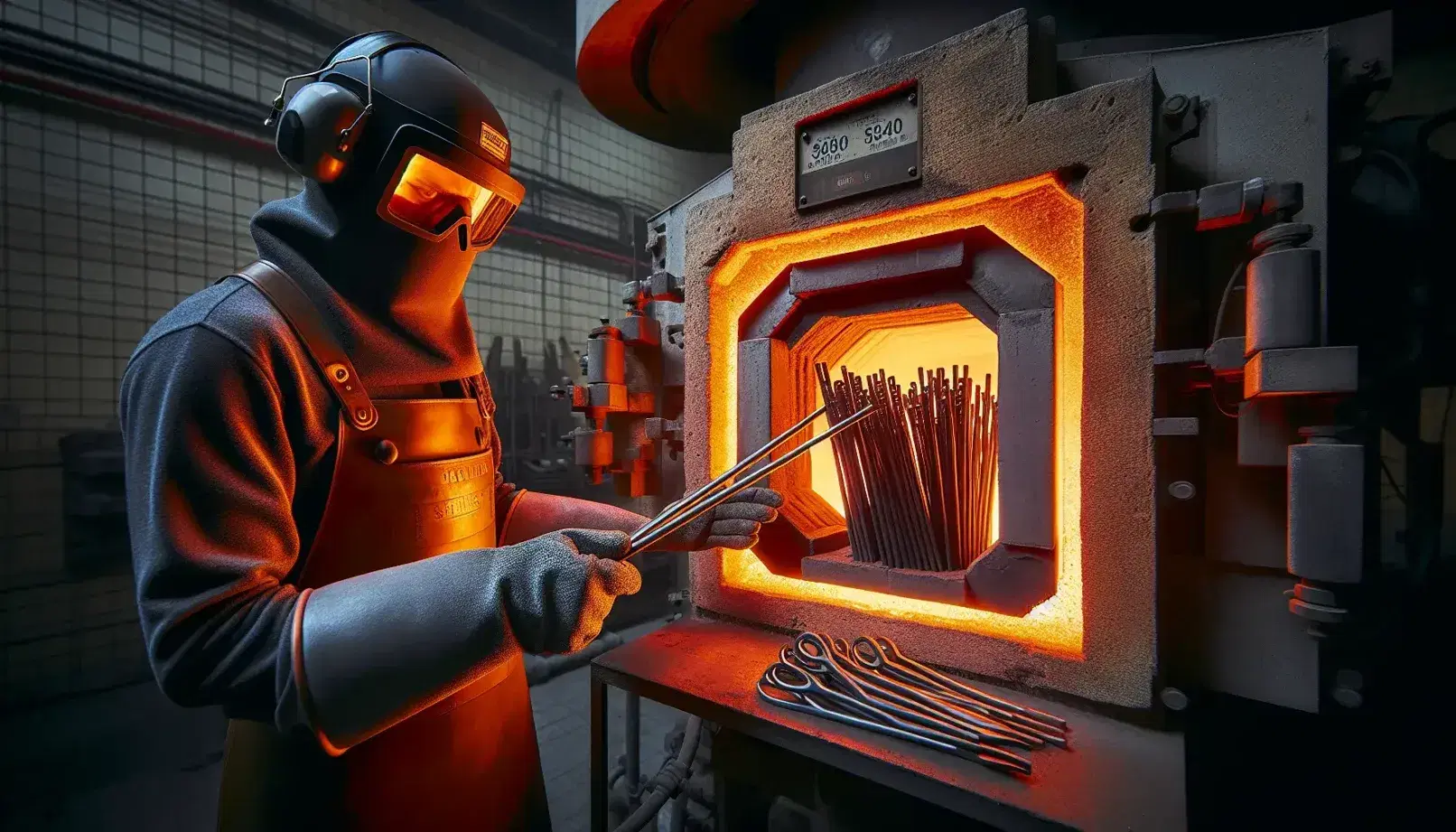 Horno industrial de alta temperatura abierto con piezas de acero al rojo vivo y trabajador con equipo de protección manipulándolas.