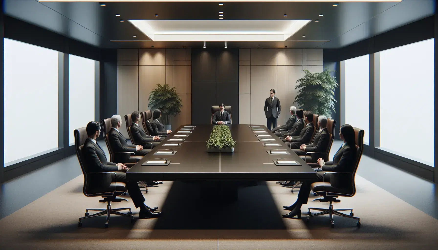 Sala de reuniones con mesa rectangular de madera oscura y sillas de cuero negro, una persona sentada y otra de pie discutiendo, iluminación de techo y planta decorativa.