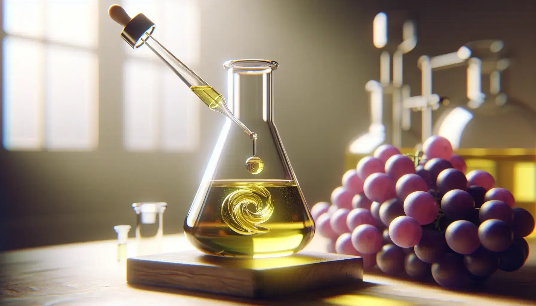 Glass flask on laboratory bench with vibrant yellow liquid and swirl in center, dropper above and bunch of purple grapes to right.