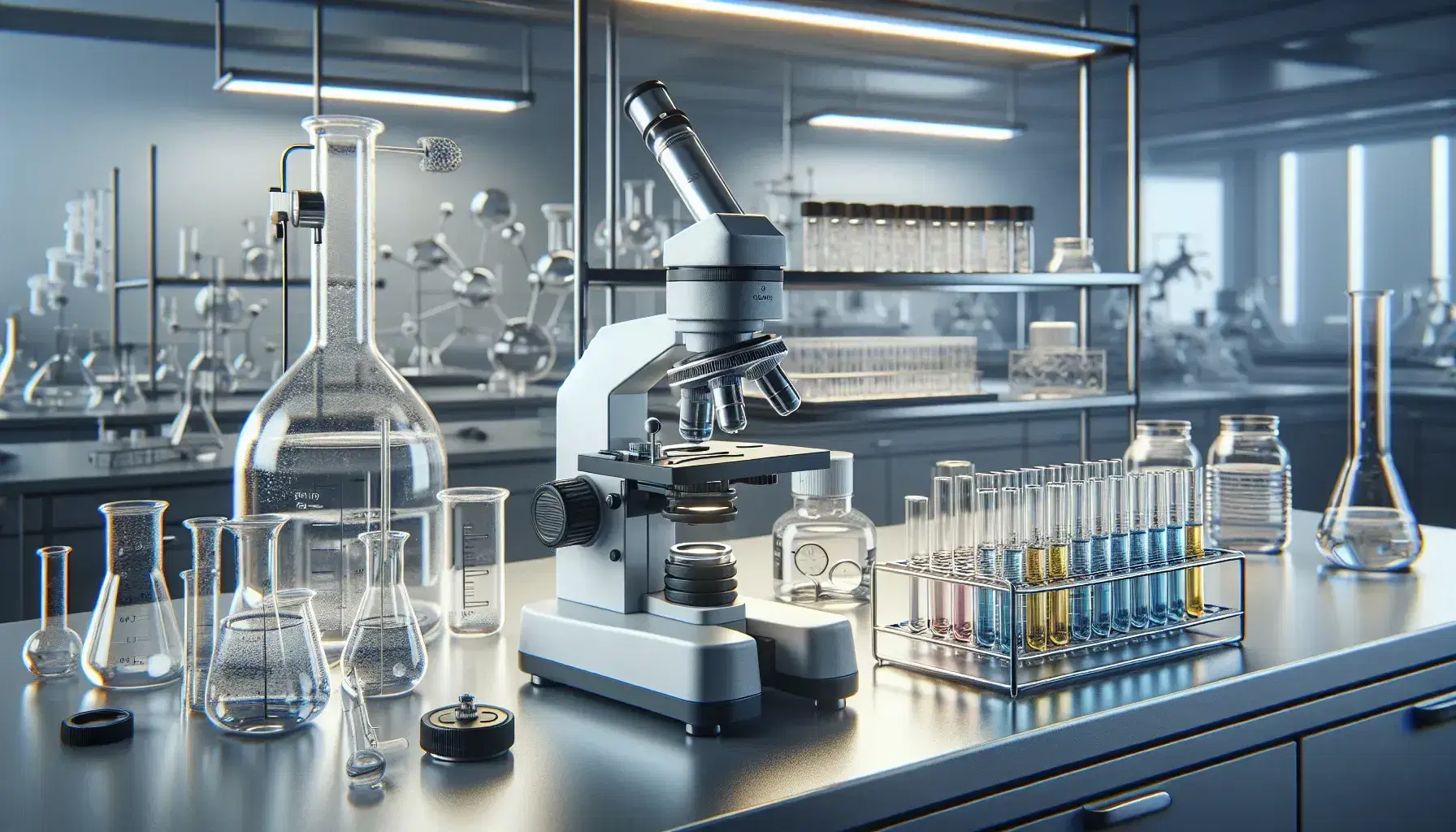 Laboratorio científico con microscopio plateado, tubos de ensayo con líquidos de colores, matraz de Erlenmeyer y balanza analítica en fondo.