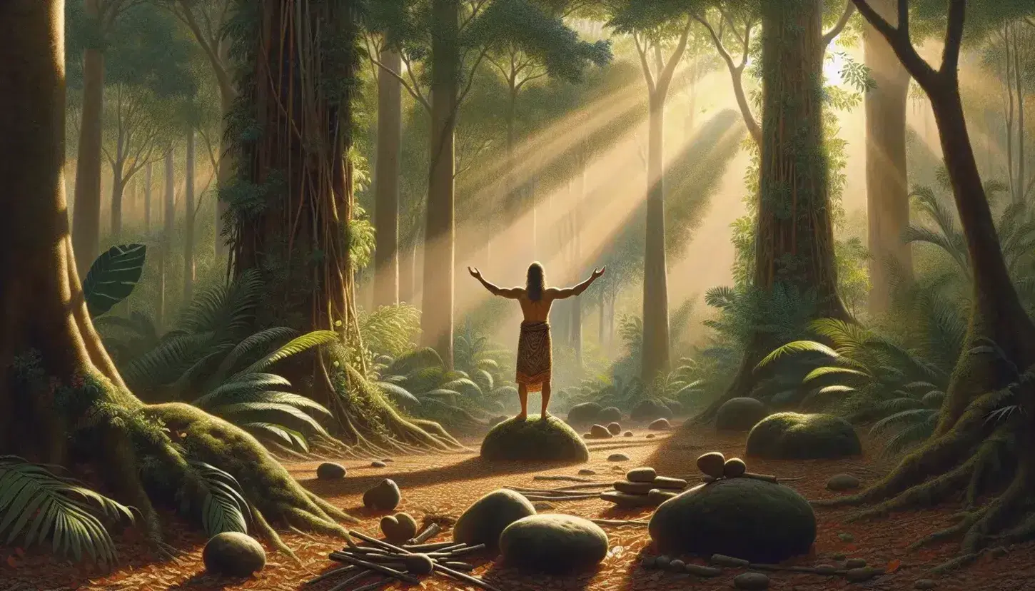 Figura humana en actitud de reverencia en un bosque, con brazos alzados y rodeada de vegetación densa, vestimenta tradicional y objetos naturales en primer plano.