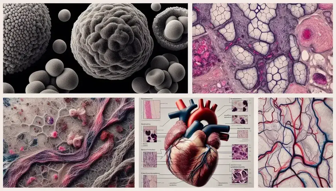 Composición fotográfica que muestra una célula al microscopio electrónico, tejido conectivo teñido, sección de corazón y sistema circulatorio en cuerpo transparente.