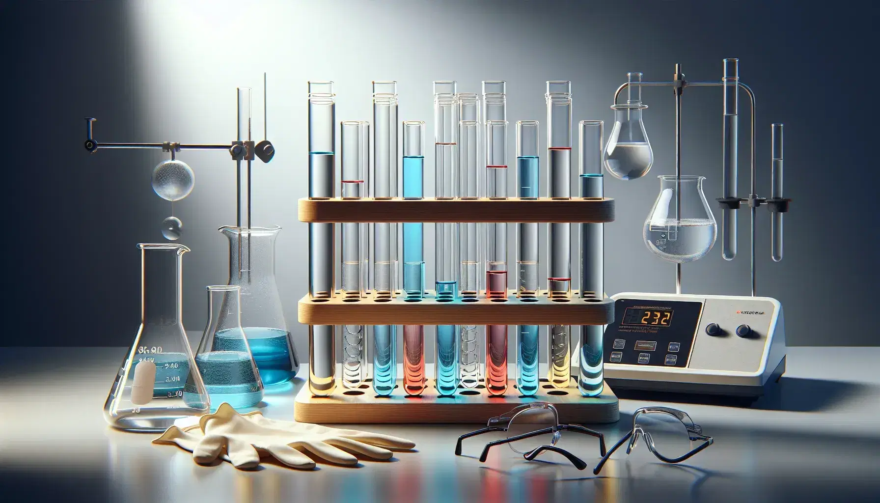 Tubos de ensayo de vidrio con líquidos de colores en soporte de madera, balanza analítica y equipo de seguridad en laboratorio.