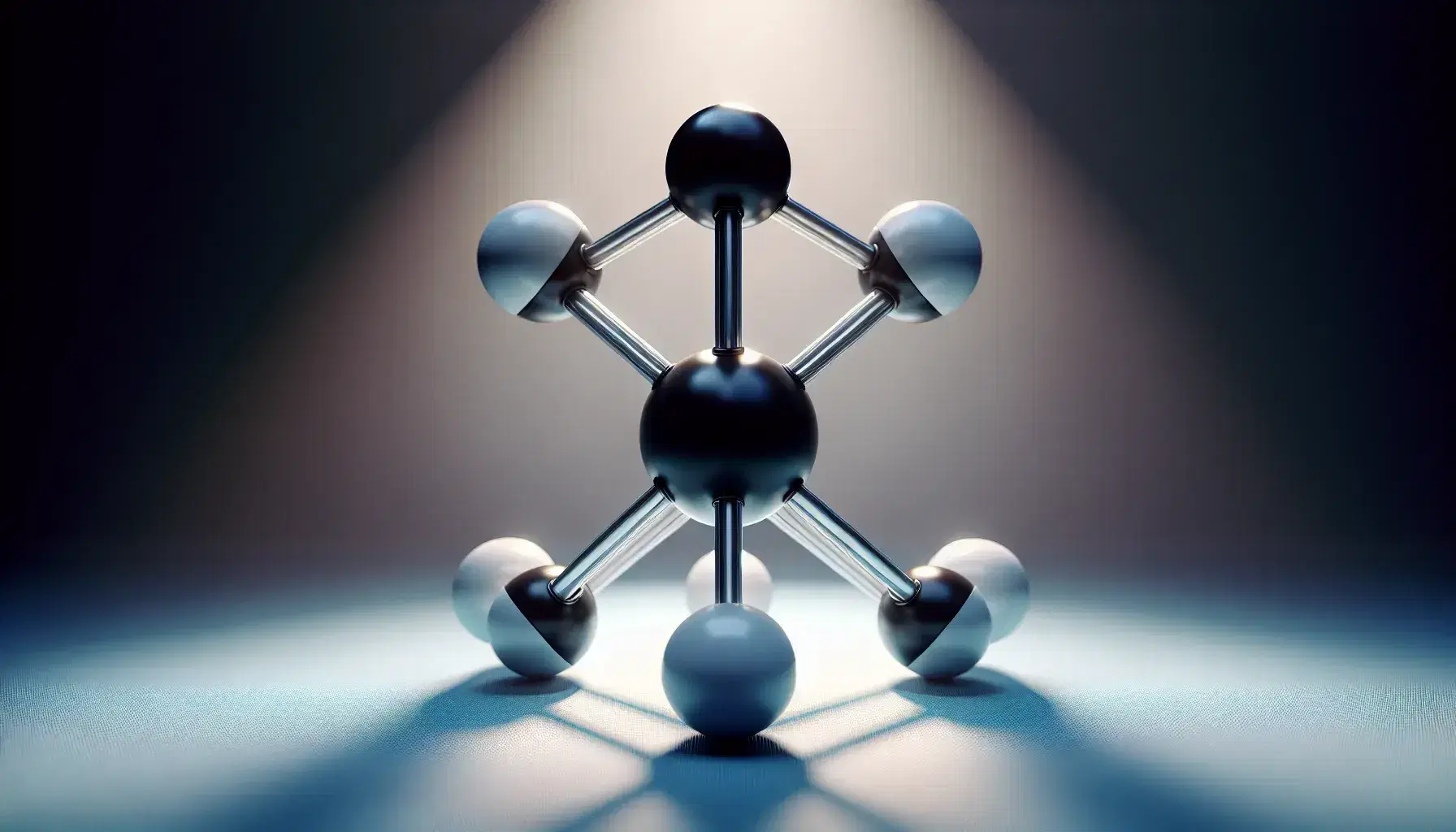 Three-dimensional molecular model of methane with a central carbon atom and four hydrogen atoms in a tetrahedral configuration.