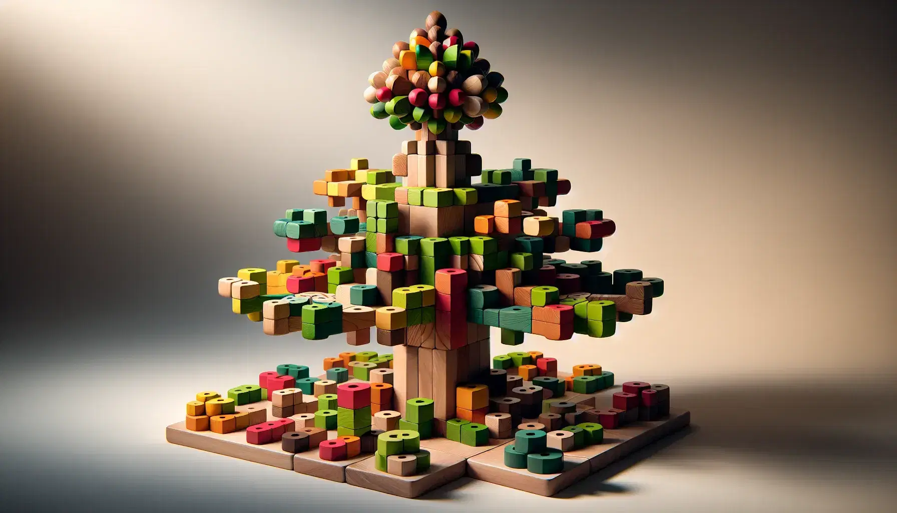Struttura artistica di blocchi di legno colorati impilati a forma di albero con tronco marrone e chioma verde, rossa, arancione e gialla.
