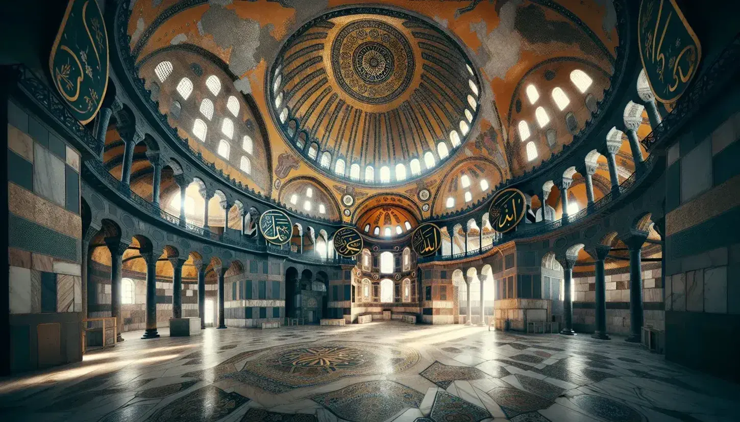 Interno della Basilica di Santa Sofia con cupola imponente, finestre circolari, archi e mosaici colorati che riflettono la luce, visitatori sparsi.