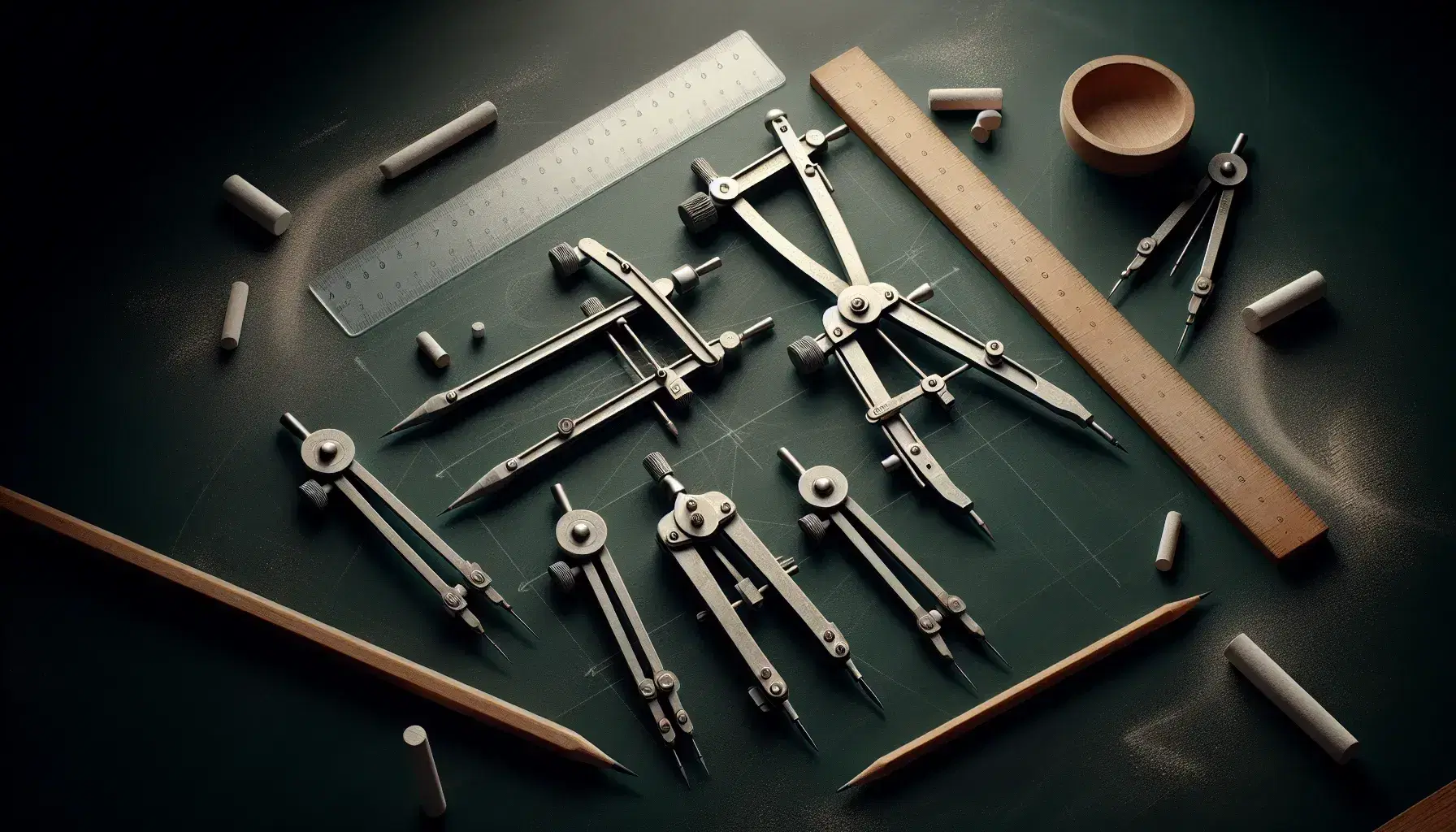 Pizarra verde oscuro con compases metálicos, regla transparente y figuras geométricas de madera sobre superficie con trazos de tiza.