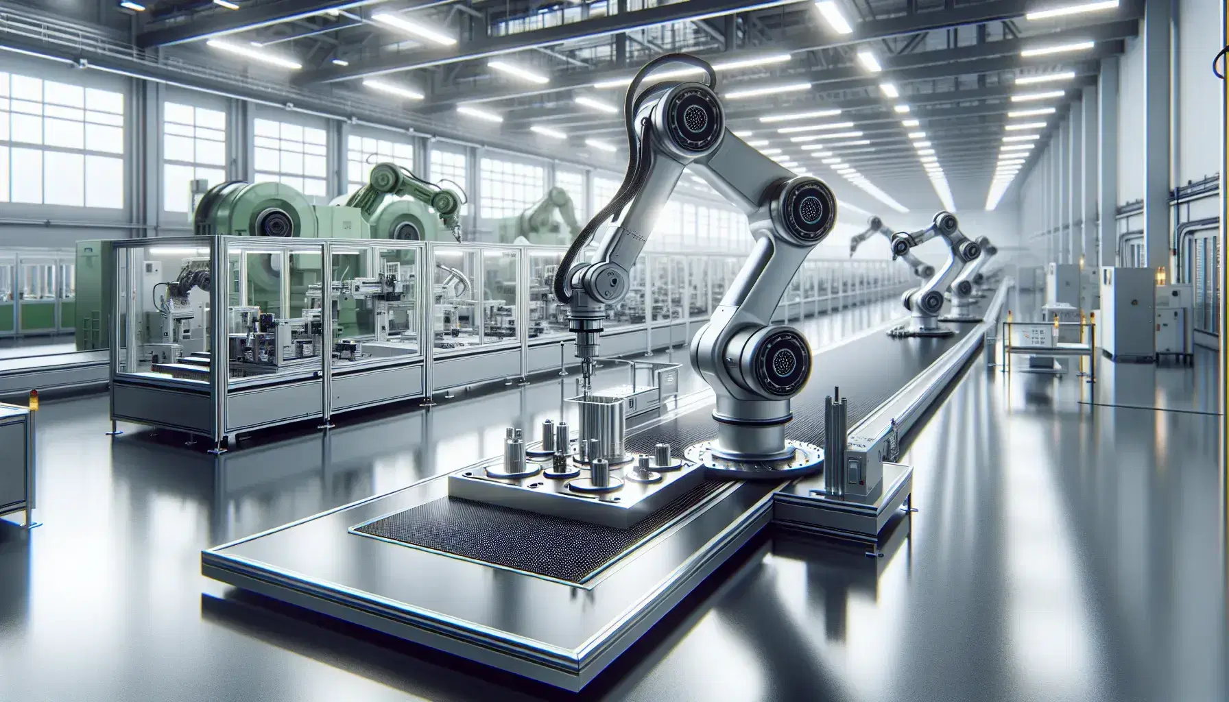 Robotic arm assembling components on a conveyor belt in a modern, automated factory with green machinery and bright LED lighting.