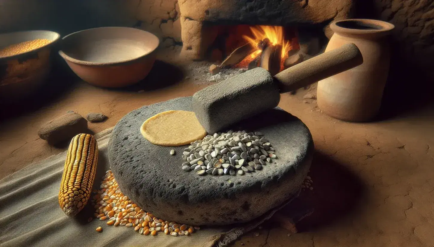 Stone metate with hand and dried corn kernels, handmade tortilla beside and clay comal on wood stove in natural light.