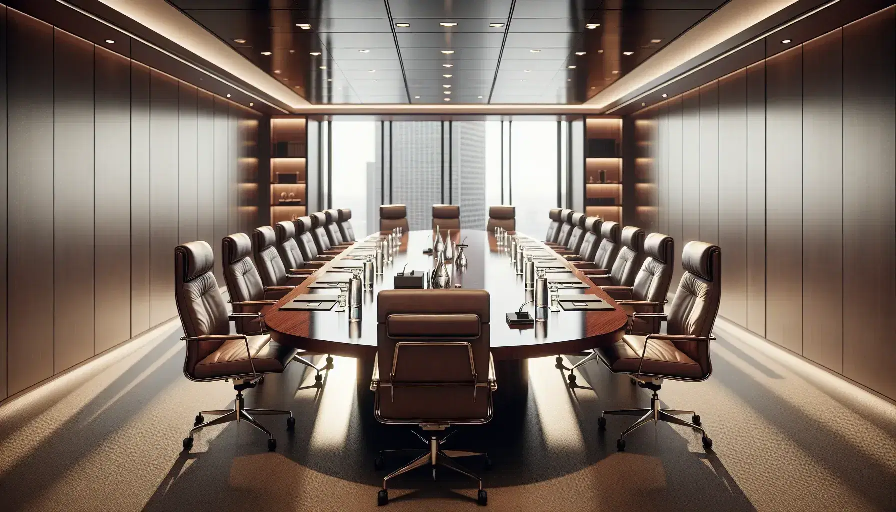 Elegant boardroom with oval wooden table, high-backed leather chairs, laptops, water pitchers, and an abstract painting, bathed in natural and soft overhead light.