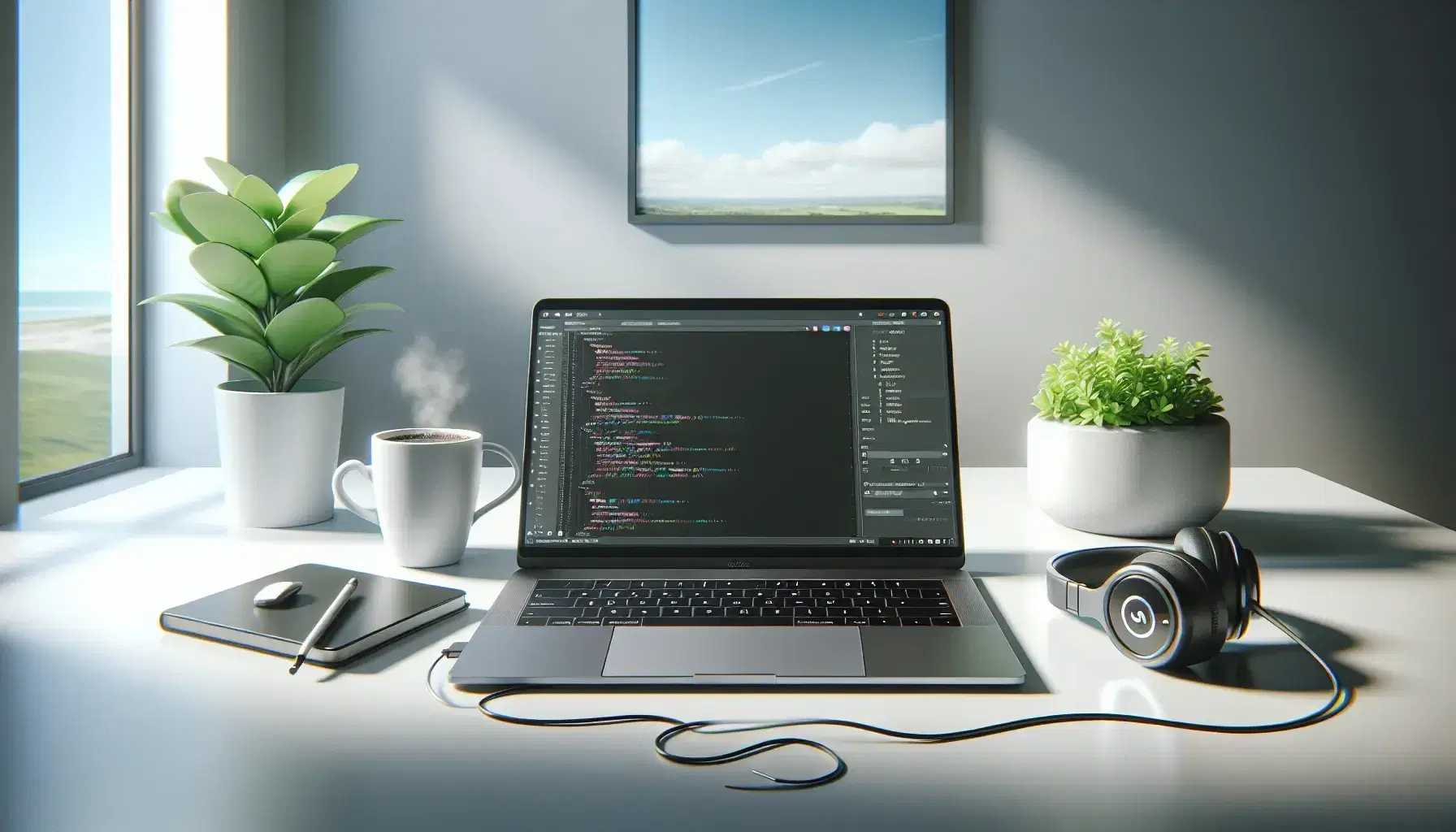 Modern web development workspace with silver laptop, coffee cup, black headphones and green plant on white desk, under natural light.