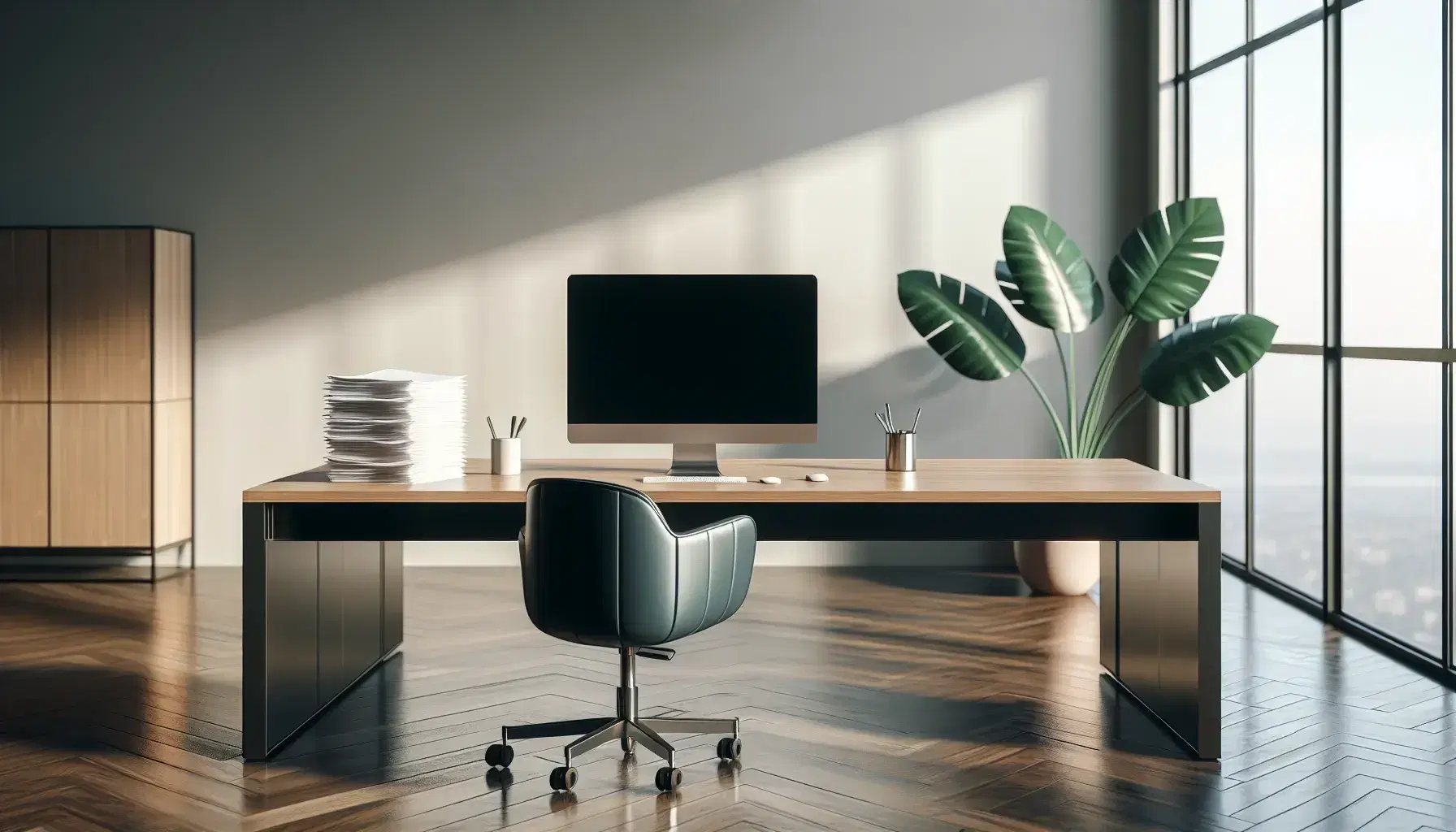 Neat office with polished wooden desk, black monitor, white papers with silver pen, dark blue rolling chair, potted plant, and window.