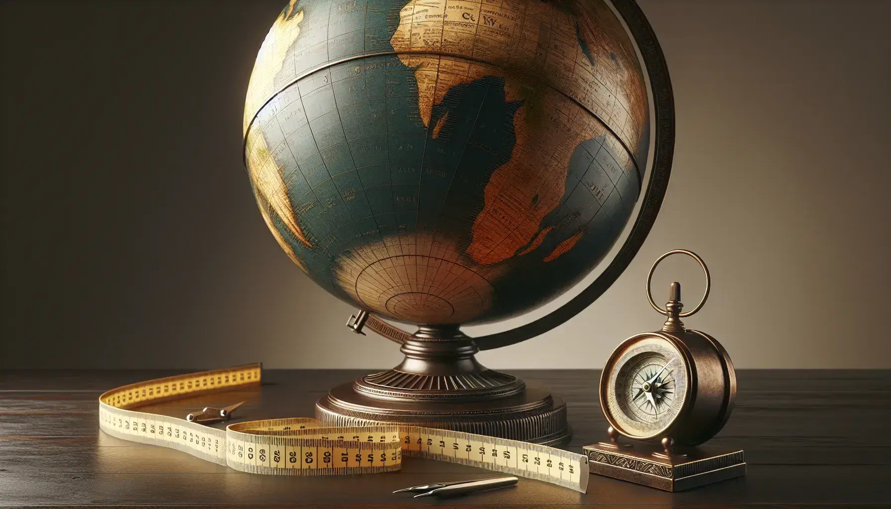 Globo terráqueo tridimensional con continentes en verde y marrón, océanos en azul, brújula antigua y cinta métrica sobre mesa de madera oscura.