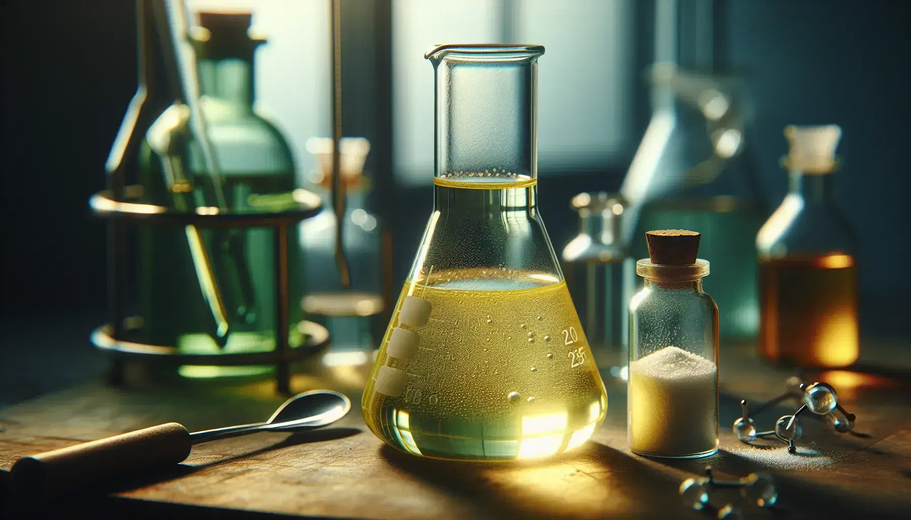 Glass flask on laboratory bench with vibrant yellow liquid and bubbles, next to vial with white powder and steel spatula.