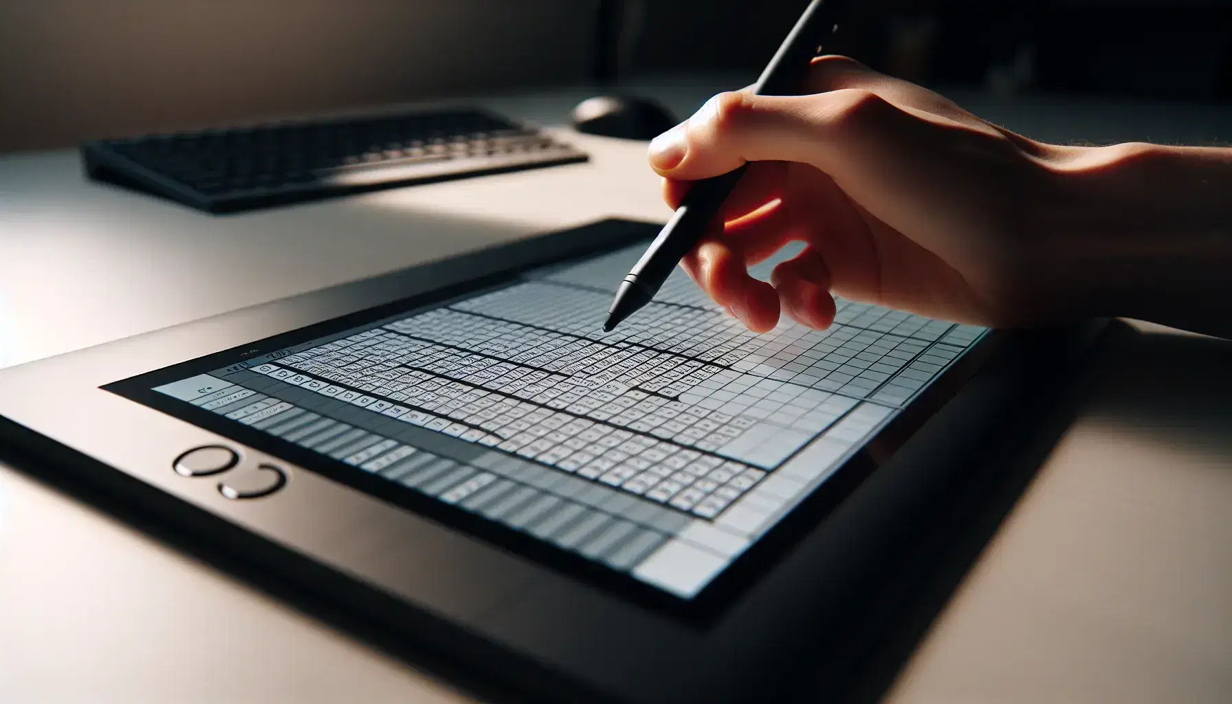 Mano sujetando un lápiz óptico sobre tableta gráfica con pantalla mostrando cuadrícula similar a hoja de cálculo, en un entorno de trabajo con teclado y monitor desenfocados al fondo.