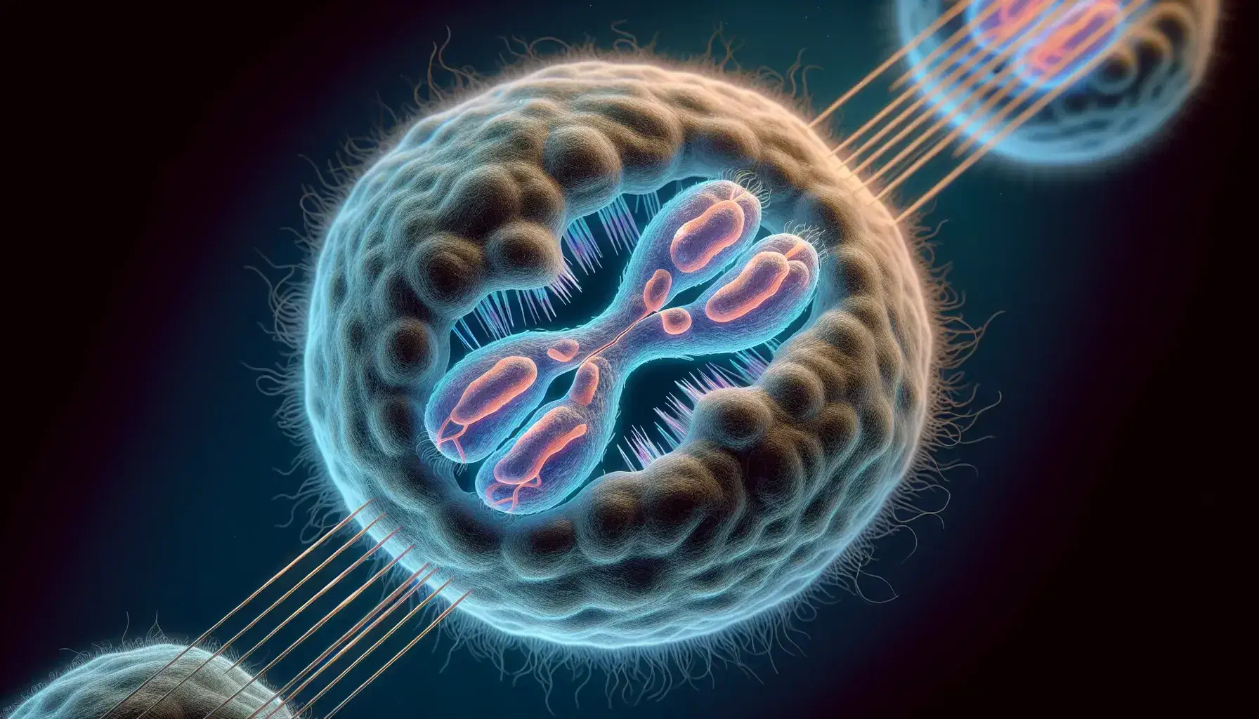 Cell undergoing mitosis with visible X chromosomes, spindle fibers attached to centromeres and daughter cells in interphase on the blue background.