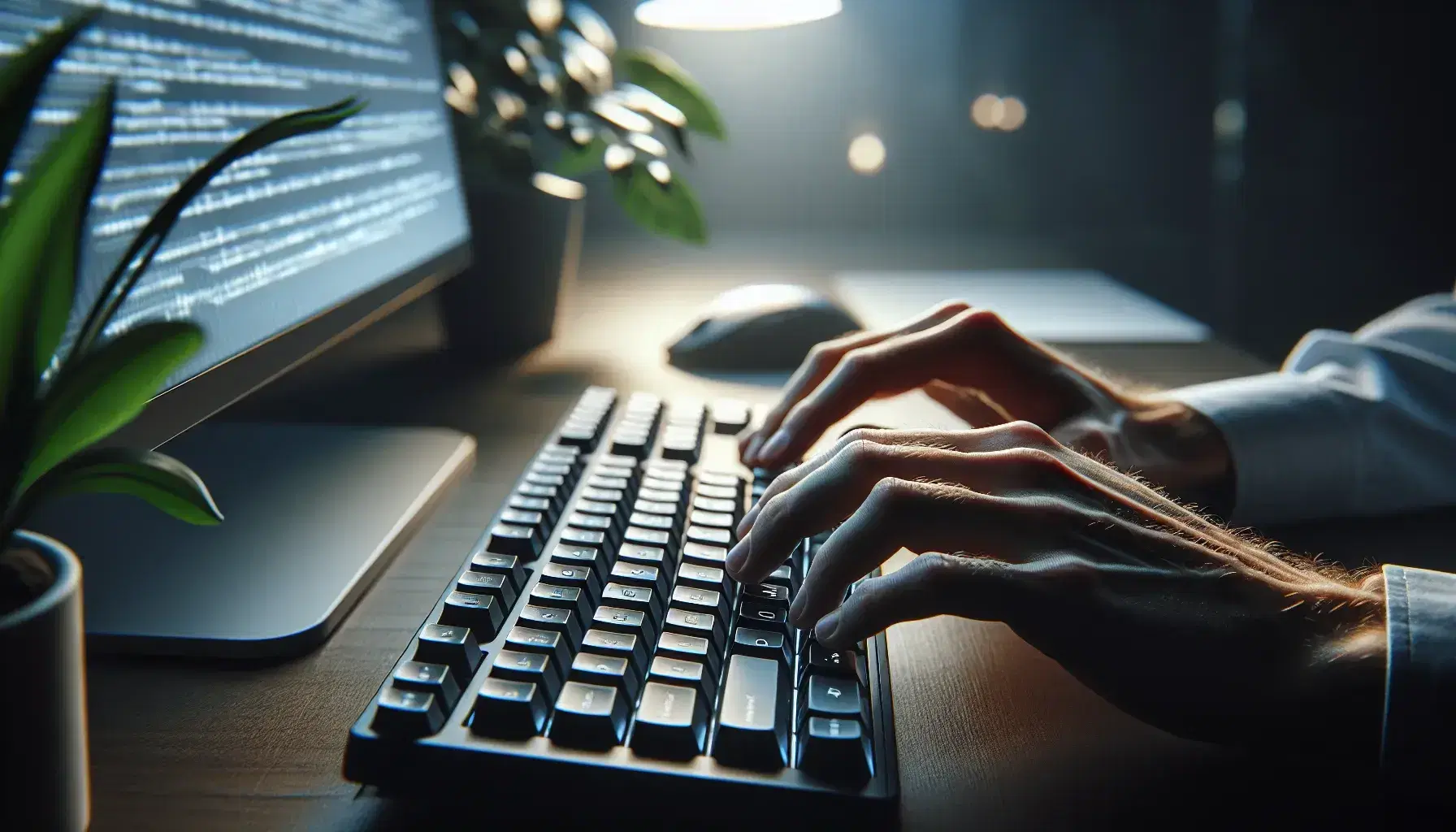 Manos tecleando en un teclado de ordenador negro sin letras visibles, con pantalla azulada y planta verde al fondo.