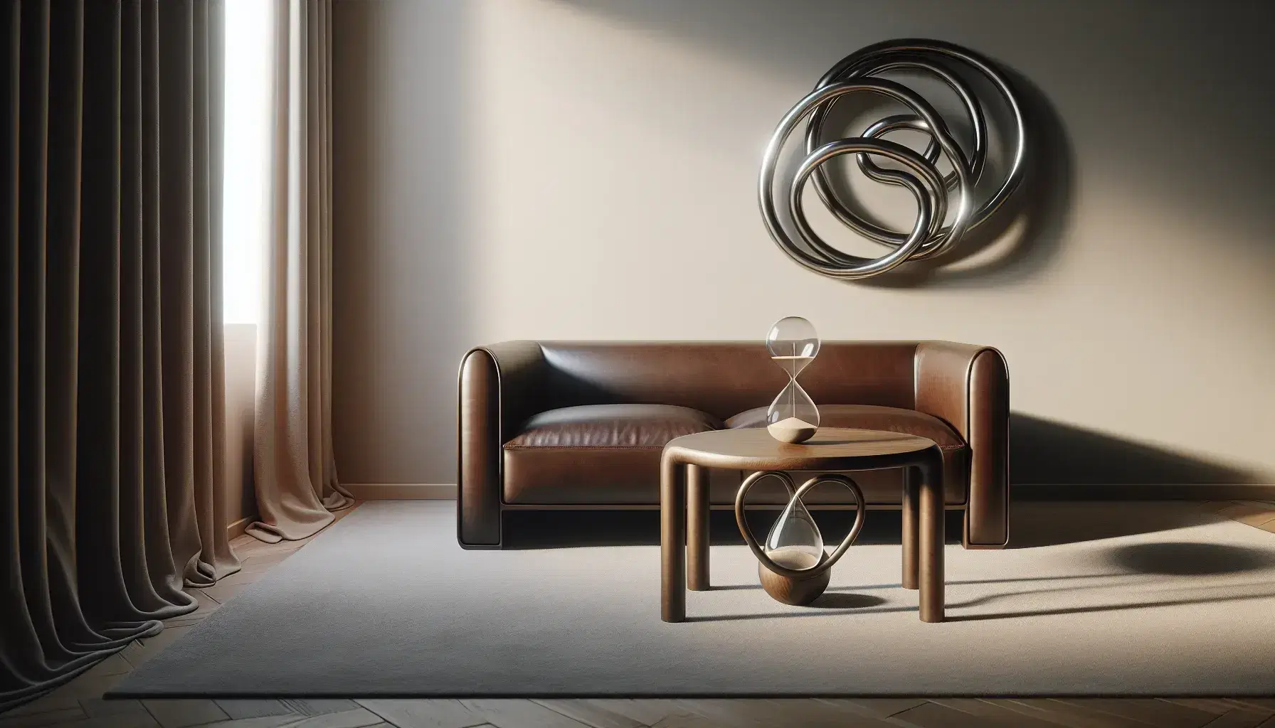 Sofá de cuero marrón oscuro con cojín beige en sala iluminada con mesa redonda de madera, reloj de arena y escultura metálica abstracta.
