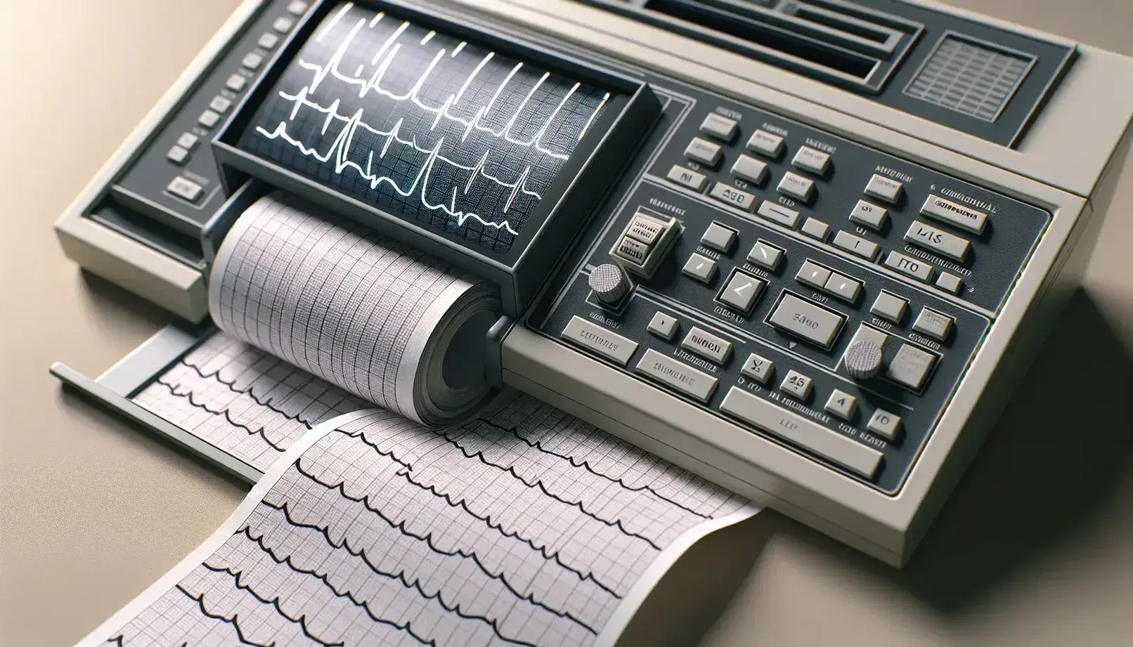 Máquina médica de EKG en funcionamiento mostrando ritmo cardíaco en pantalla y papel impreso sin marcas legibles en fondo claro.