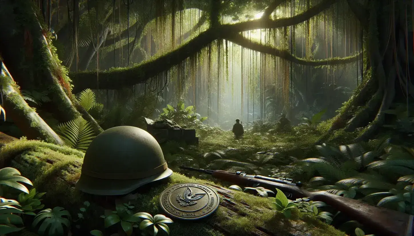 Casco militare su tronco muschioso in giungla fitta con soldato sfocato in lontananza e giochi di luce tra le foglie.