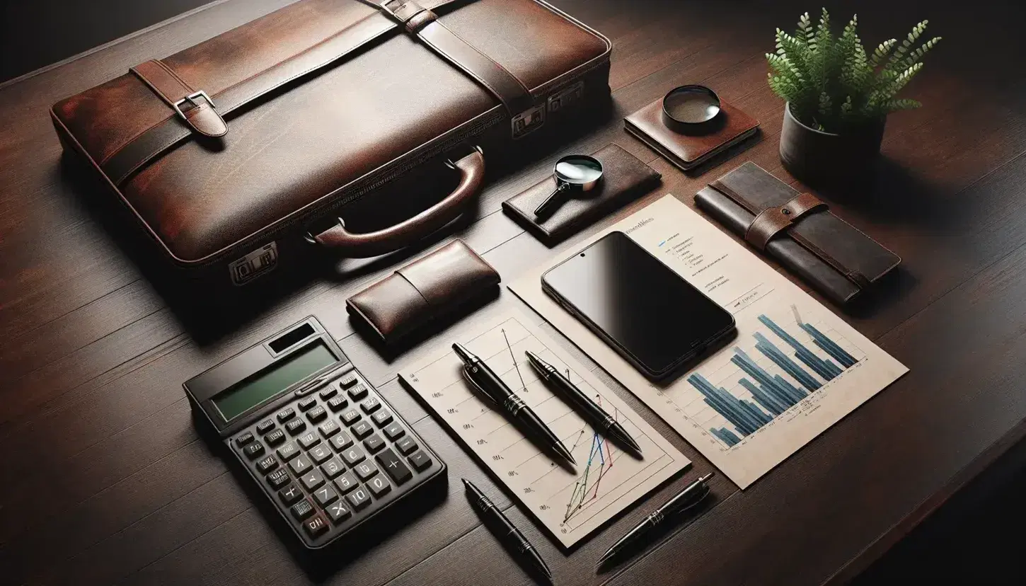 Mesa de madera oscura con maletín de cuero, calculadora científica, bolígrafos metálicos, gráficos impresos bajo lupa, smartphone apagado y planta verde en maceta blanca.