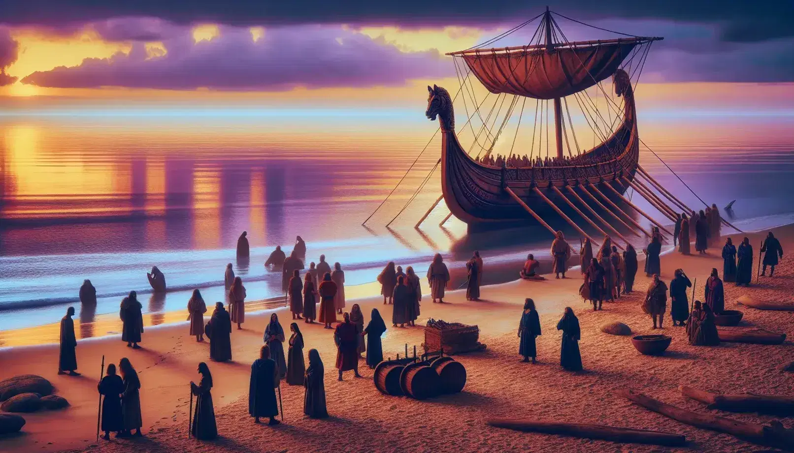 Tramonto su spiaggia con antica nave a remi, personaggi in abiti storici e alberi d'olivo, atmosfera serena senza elementi moderni.