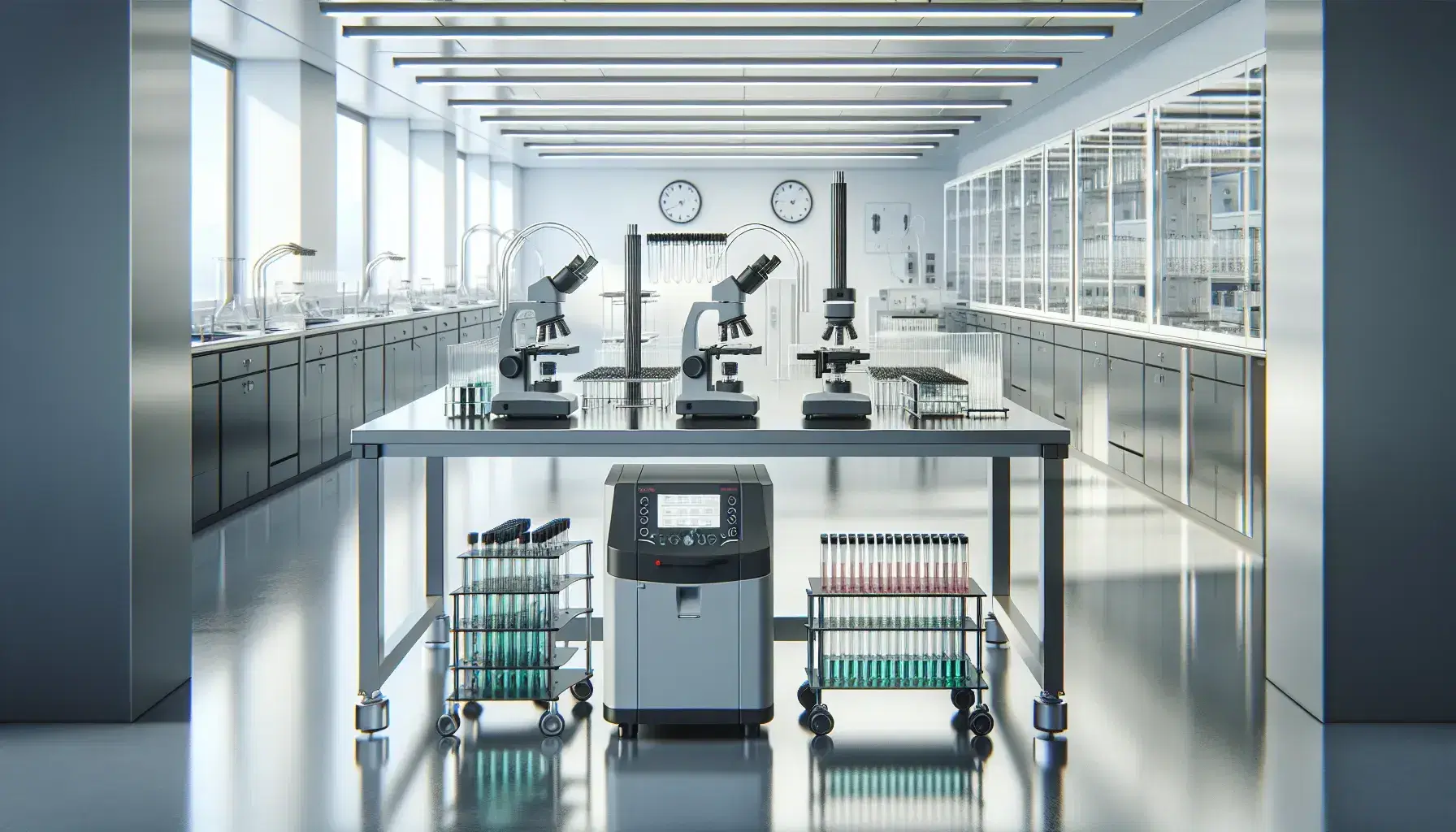 Laboratorio di genetica moderno e luminoso con tavolo da lavoro in acciaio, microscopi, provette colorate e centrifuga grigia.