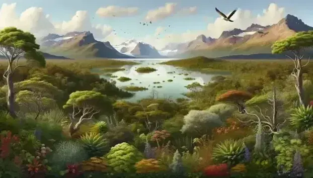 Paisaje natural con vegetación verde, flores coloridas, lago tranquilo, montañas nevadas al fondo y un ave volando en un cielo azul con nubes dispersas.
