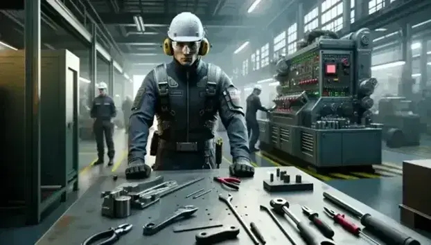 Trabajador con casco, gafas de seguridad y uniforme reflectante en taller industrial, junto a banco de trabajo con herramientas y maquinaria operativa.
