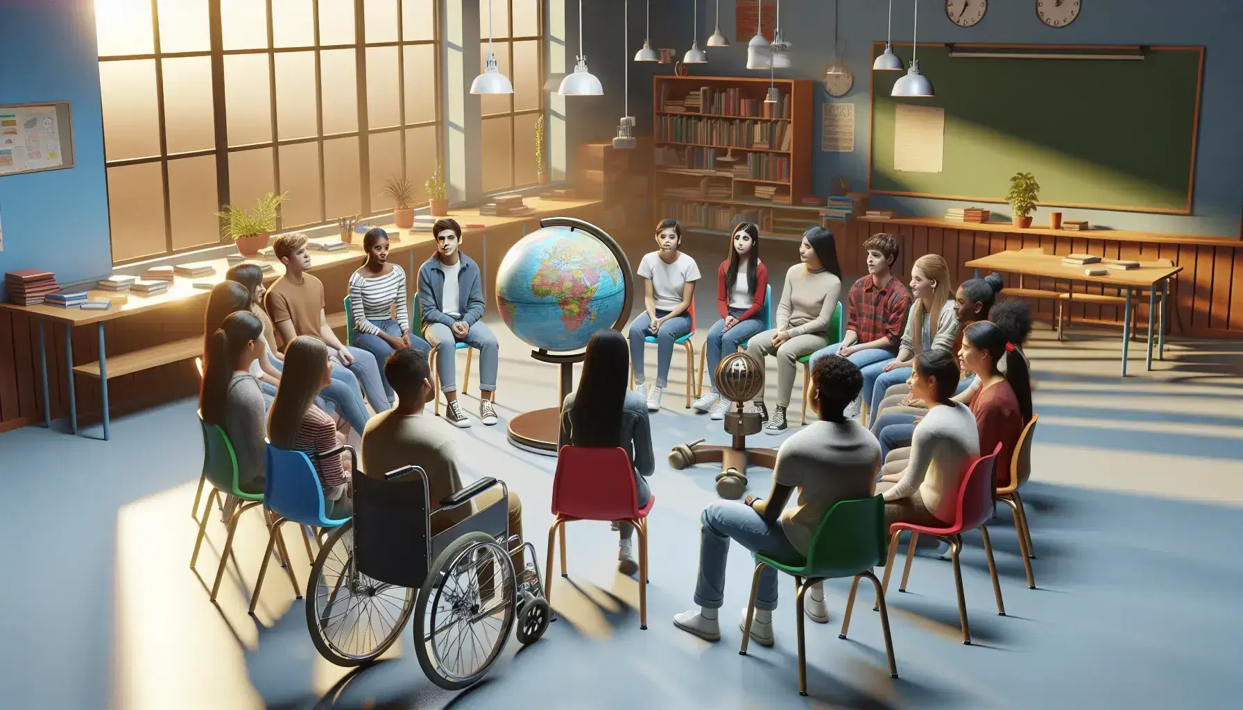 Estudiantes diversos en silla de ruedas y con audífonos participan en clase de geografía con globo terráqueo, reflejando inclusión y colaboración.