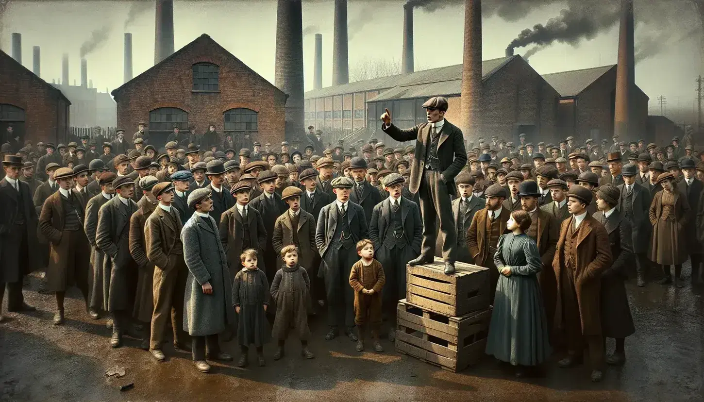Early 20th-century gathering with men in suits and women in long dresses, a man giving a speech on a crate, children playing, and industrial smokestacks in the background.