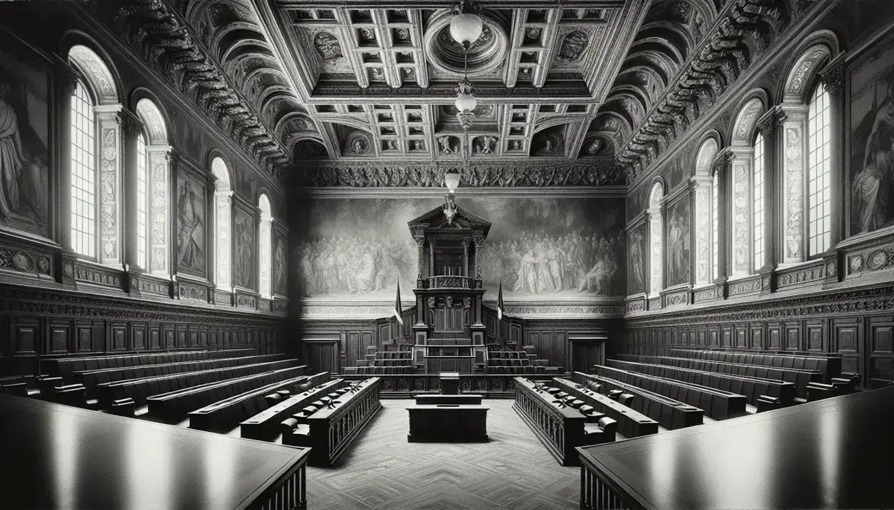 Interno monocromatico dell'aula parlamentare dell'epoca dello Statuto Albertino con banchi in legno scuro a semicerchio e alto leggio centrale.