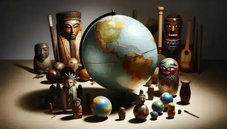 Globo terrestre fisico al centro con oggetti culturali sfocati intorno: maschera africana, Statua della Libertà, didgeridoo, matryoshka, bonsai e poncho.