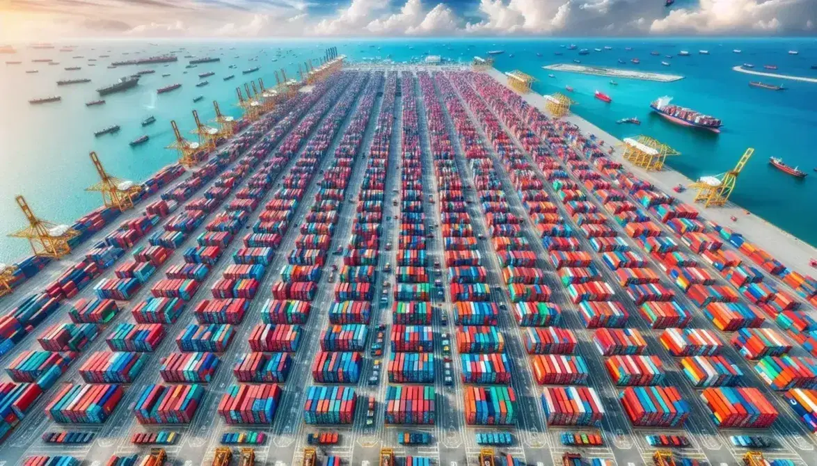 Vista aerea di un porto commerciale con container colorati in fila, camioncini e muletti tra le banchine, mare e navi sullo sfondo.