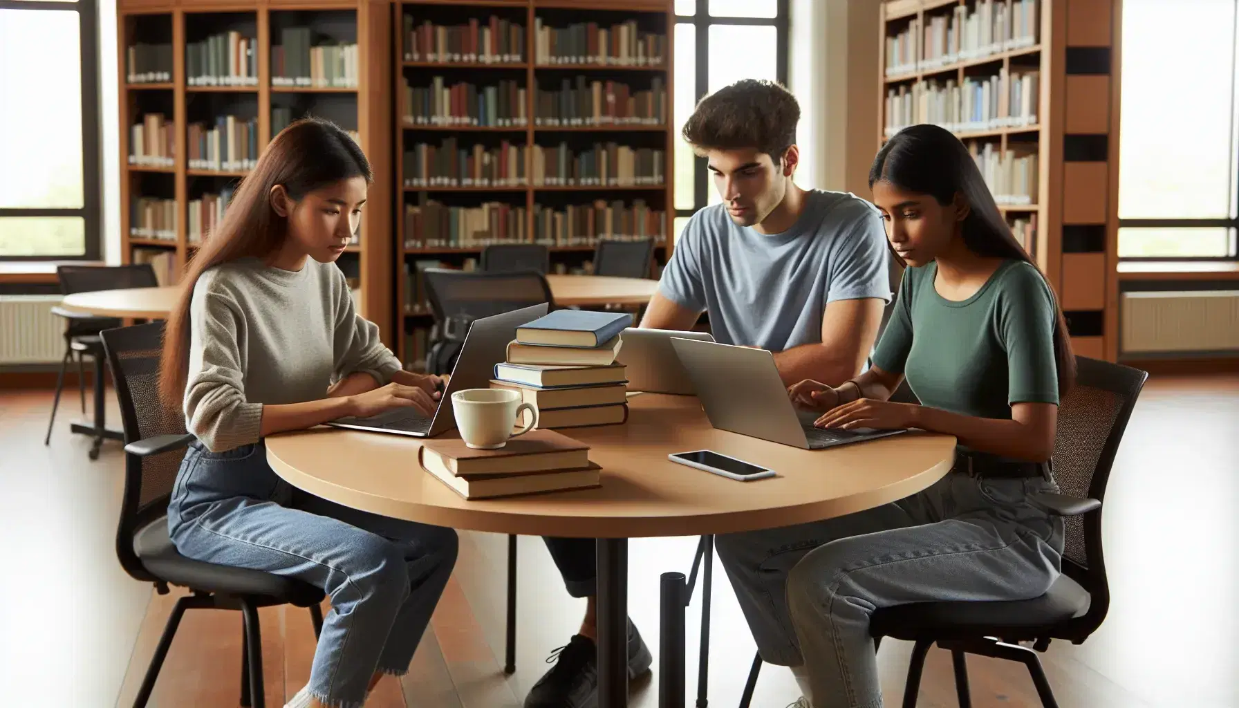 Estudiantes universitarios de diversas etnias estudiando en biblioteca, con laptops y libros sobre mesa redonda de madera, iluminados por luz natural.