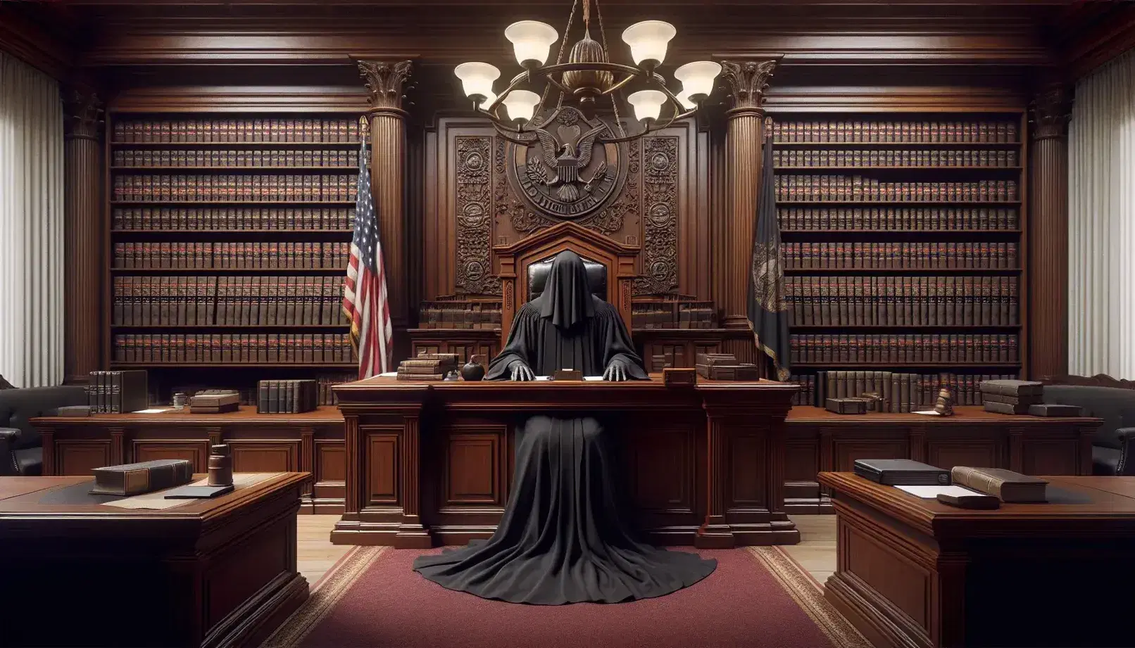 Aula di tribunale formale con giudice in toga, scrivania in legno scuro, banchi vuoti, libreria con codici e stemma repubblicano.
